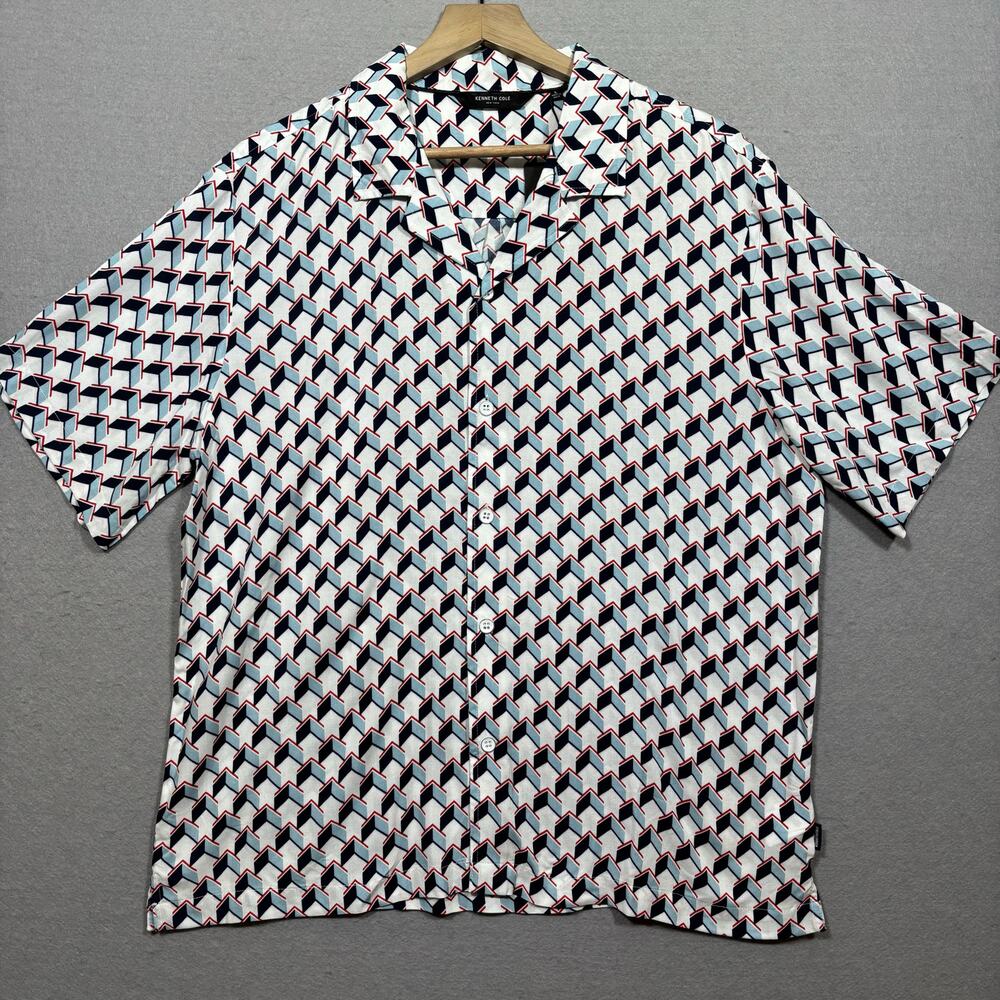 Kenneth Cole Button Shirt L Geometric Diamond Retro Print Bold Statement New‎